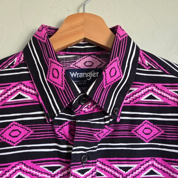 Wrangler Vintage 90's Men's Western Shirt Pink/Blk Southwestern Aztec Cowboy Cut - Picture 5 of 10